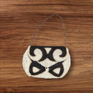 Vintage Beaded coin trinket Purse Black White Pattern Art Deco Chain Strap 5.5"
